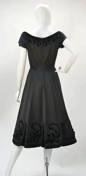 1950s Black Satin Party Dress with Velvet Trim and Floral Detail