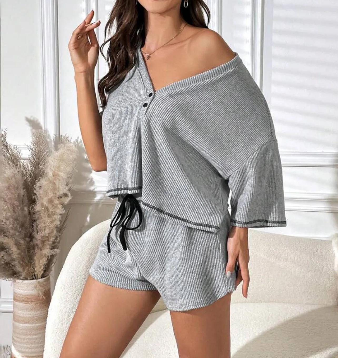 2 Piece Pajama Lounge Set Waffle Knit Set with V-Neck Top and Short