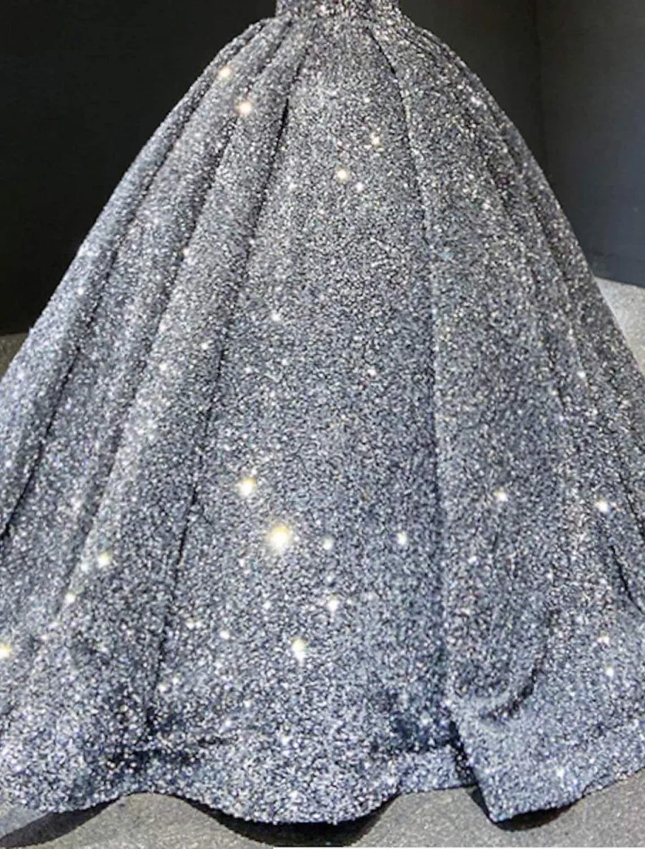 Ball Gown Prom Dresses Luxurious Dress Quinceanera Floor Length Long Sleeve V Neck Sequined with Pleats Sequin