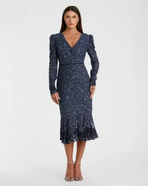 Blue Sequin Dress with Embellished Hemline and Belt