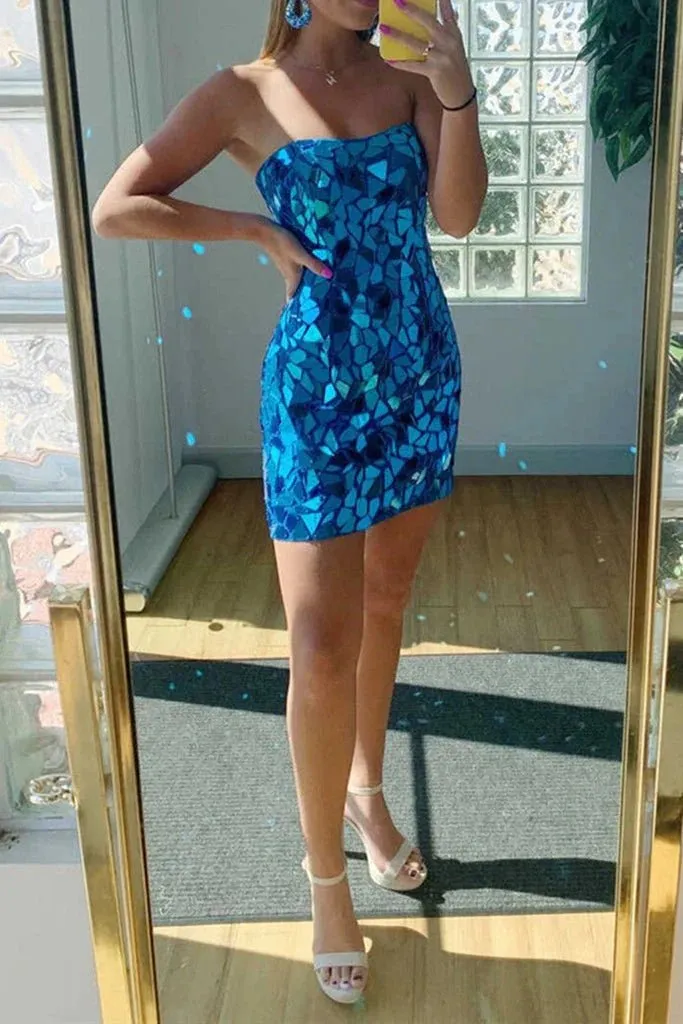 Bodycon Strapless Royal Blue Short homecoming Dresses with Beading