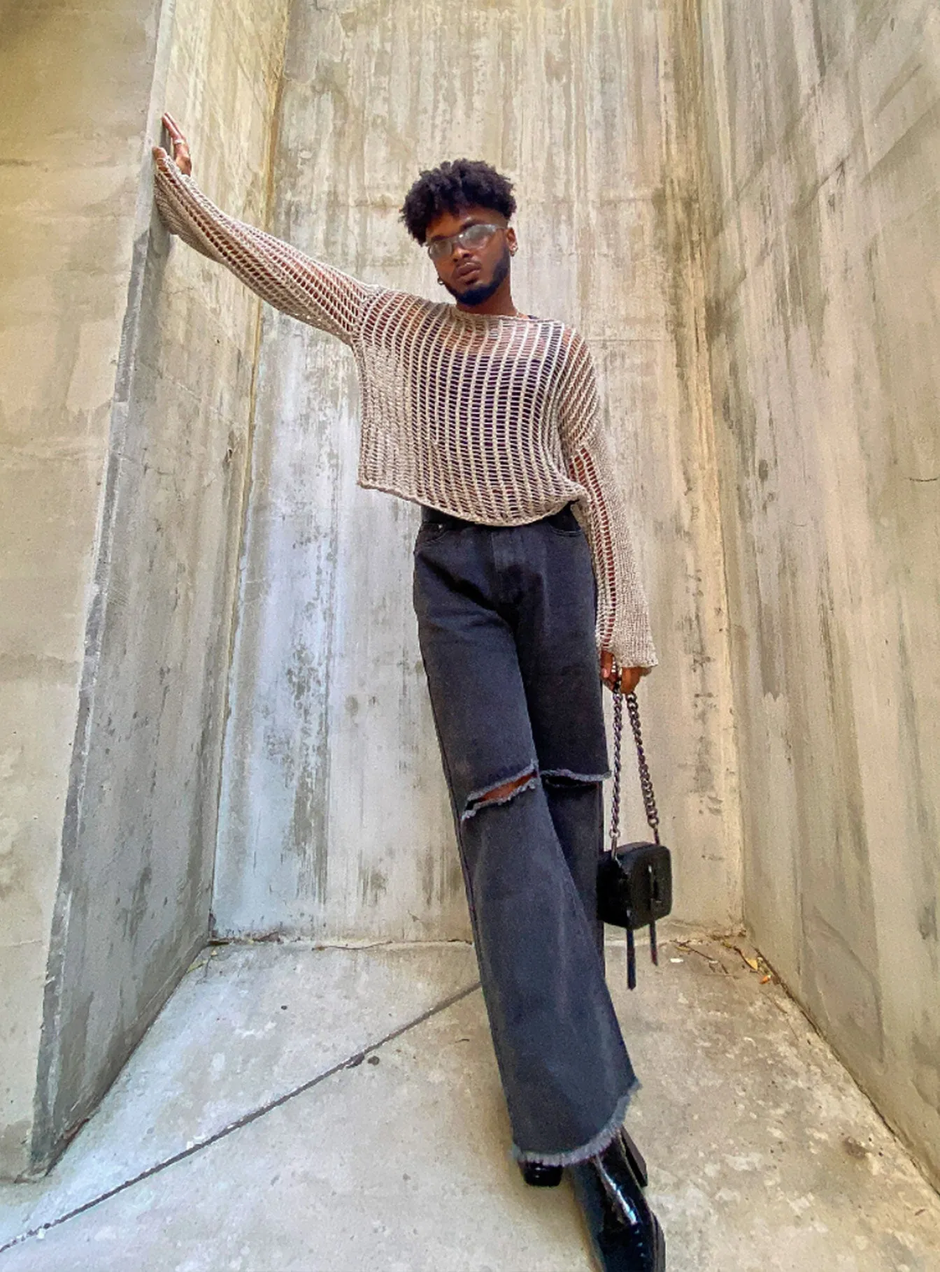 Cece Hammer Wide Leg Knee Rip Jeans Black Denim