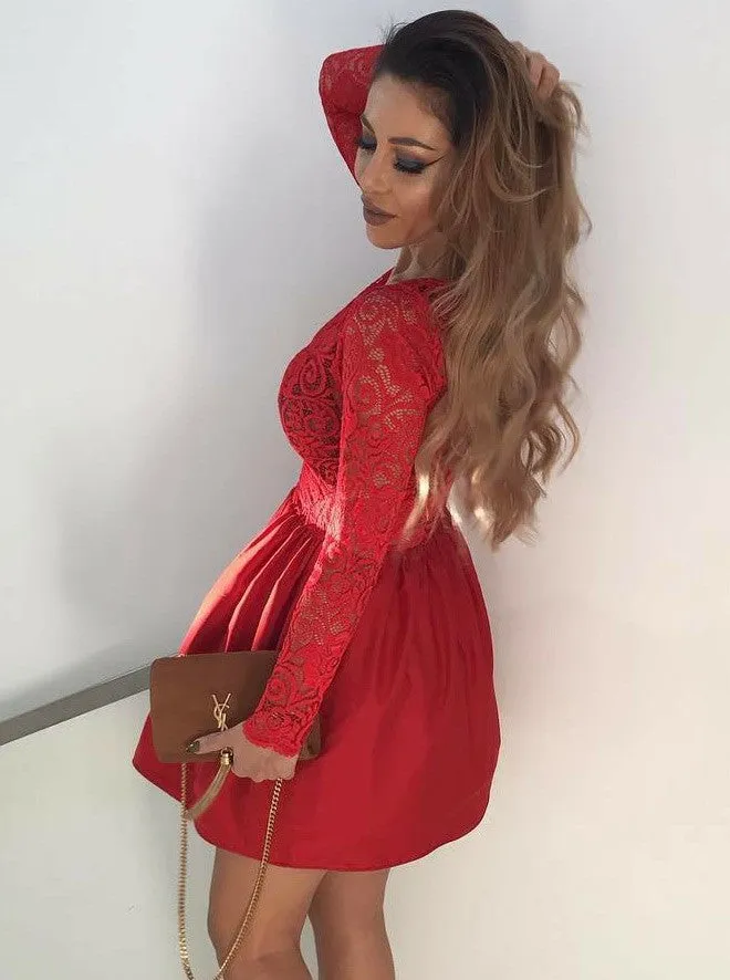 Chic Lace & Satin V-neck Neckline A-line Cocktail Dresses CD056
