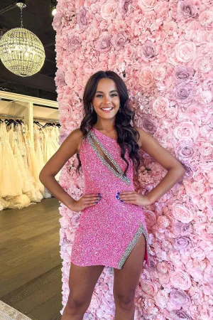 Cute One Shoulder Pink Sequins Homecoming Dresses VK073101