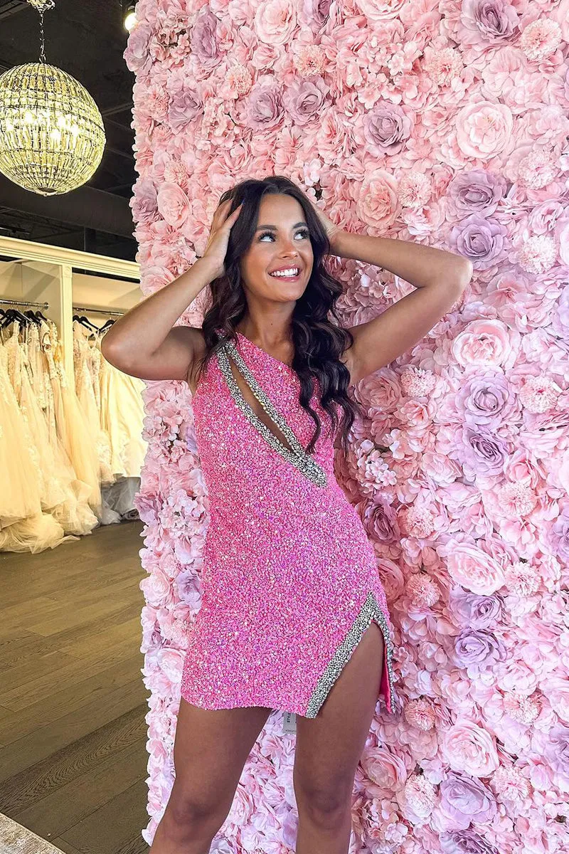 Cute One Shoulder Pink Sequins Homecoming Dresses VK073101