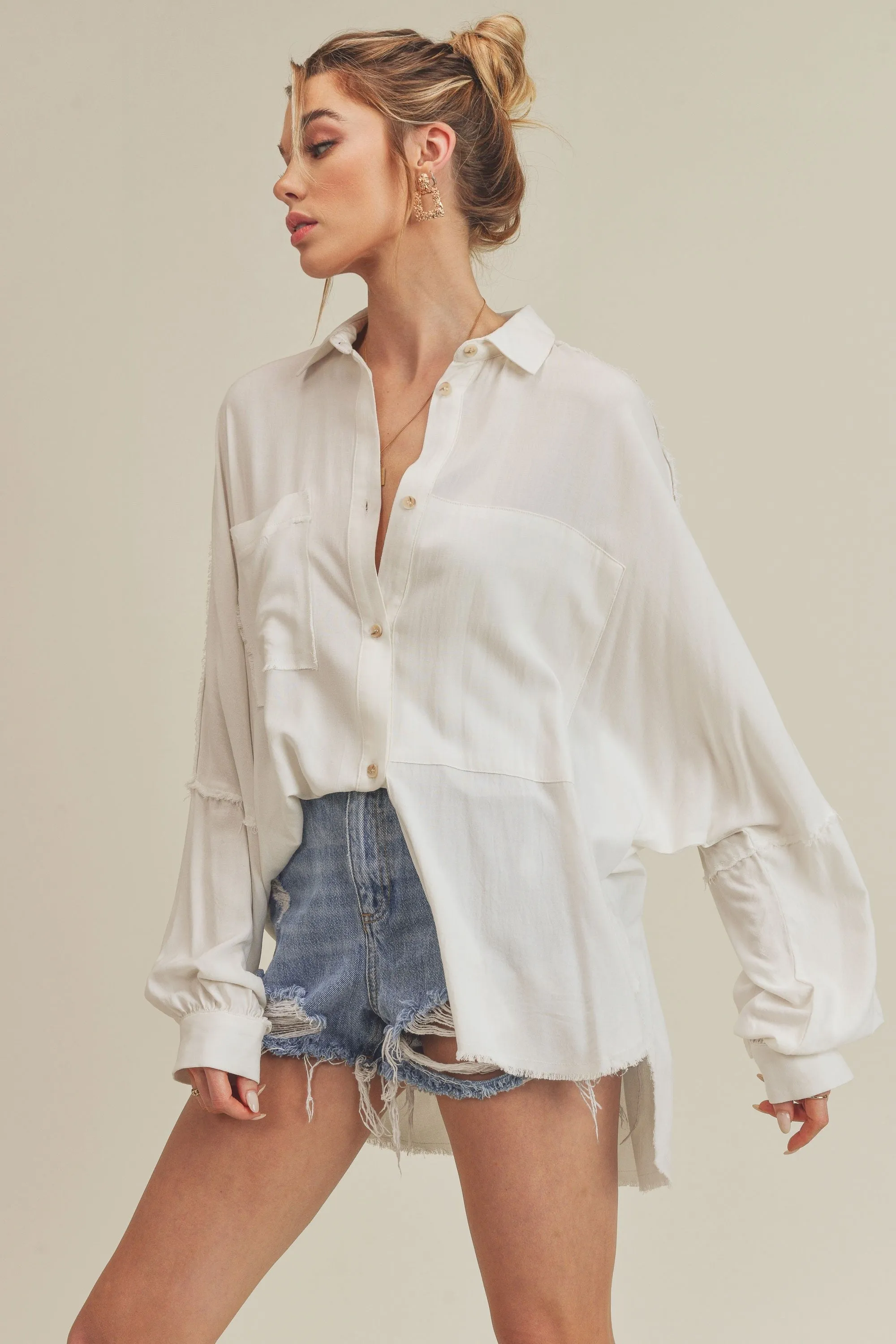 Daria Distressed Hem Button Down Blouse