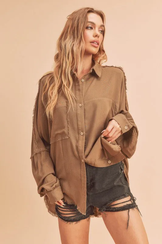Daria Distressed Hem Button Down Blouse