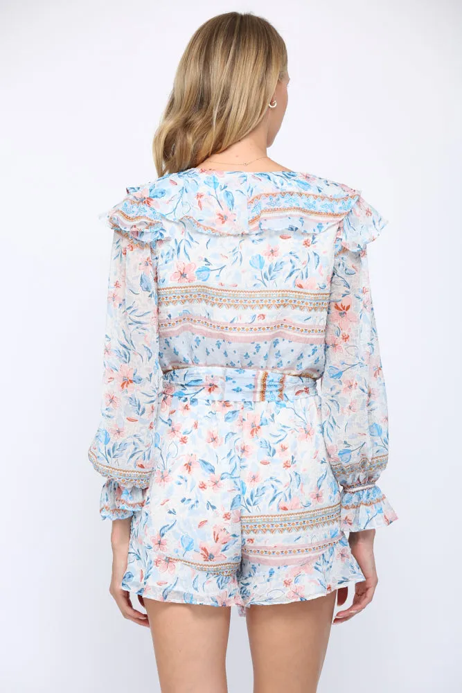 Fate Floral Print Ruffle Romper In Blue Multi