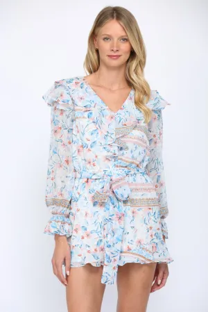 Fate Floral Print Ruffle Romper In Blue Multi