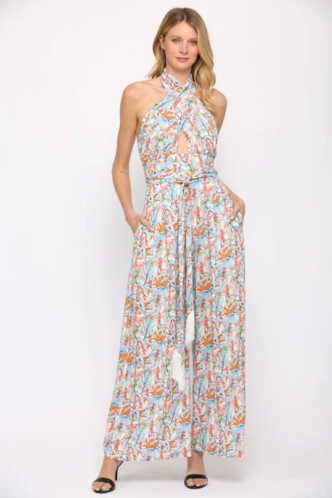 Fate Twist Halter Neck Jumpsuit In Blue Multi