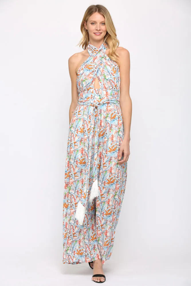 Fate Twist Halter Neck Jumpsuit In Blue Multi