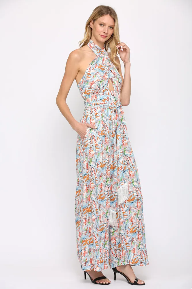 Fate Twist Halter Neck Jumpsuit In Blue Multi