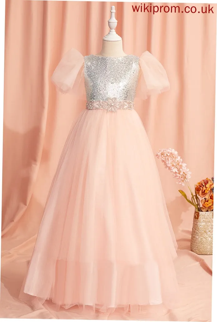 Floor-length Scoop With Beading/Sequins/Bow(s) Sleeves Short Flower Girl Dresses Jordyn Neck Girl Tulle/Sequined Ball-Gown/Princess Flower Dress -