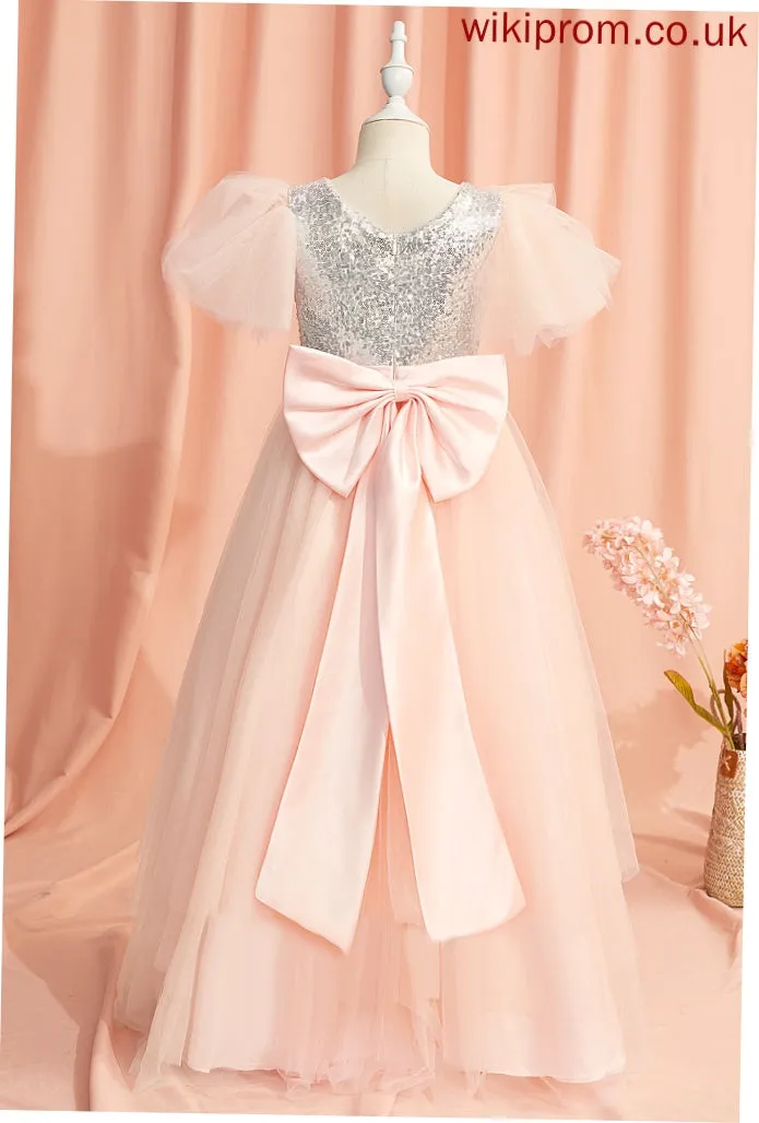 Floor-length Scoop With Beading/Sequins/Bow(s) Sleeves Short Flower Girl Dresses Jordyn Neck Girl Tulle/Sequined Ball-Gown/Princess Flower Dress -