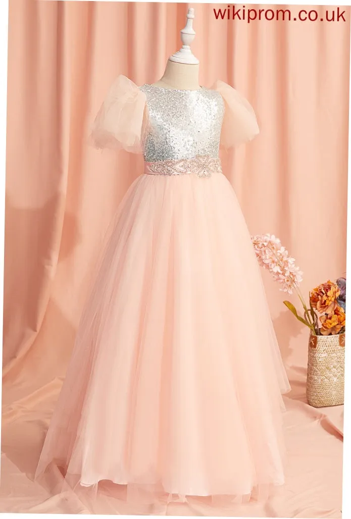 Floor-length Scoop With Beading/Sequins/Bow(s) Sleeves Short Flower Girl Dresses Jordyn Neck Girl Tulle/Sequined Ball-Gown/Princess Flower Dress -