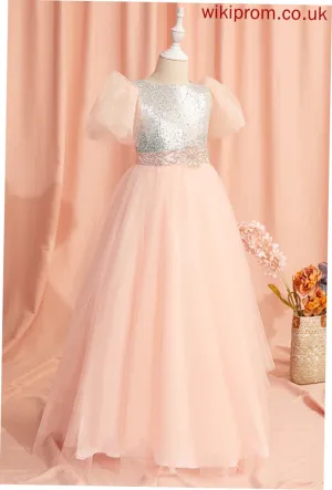 Floor-length Scoop With Beading/Sequins/Bow(s) Sleeves Short Flower Girl Dresses Jordyn Neck Girl Tulle/Sequined Ball-Gown/Princess Flower Dress -