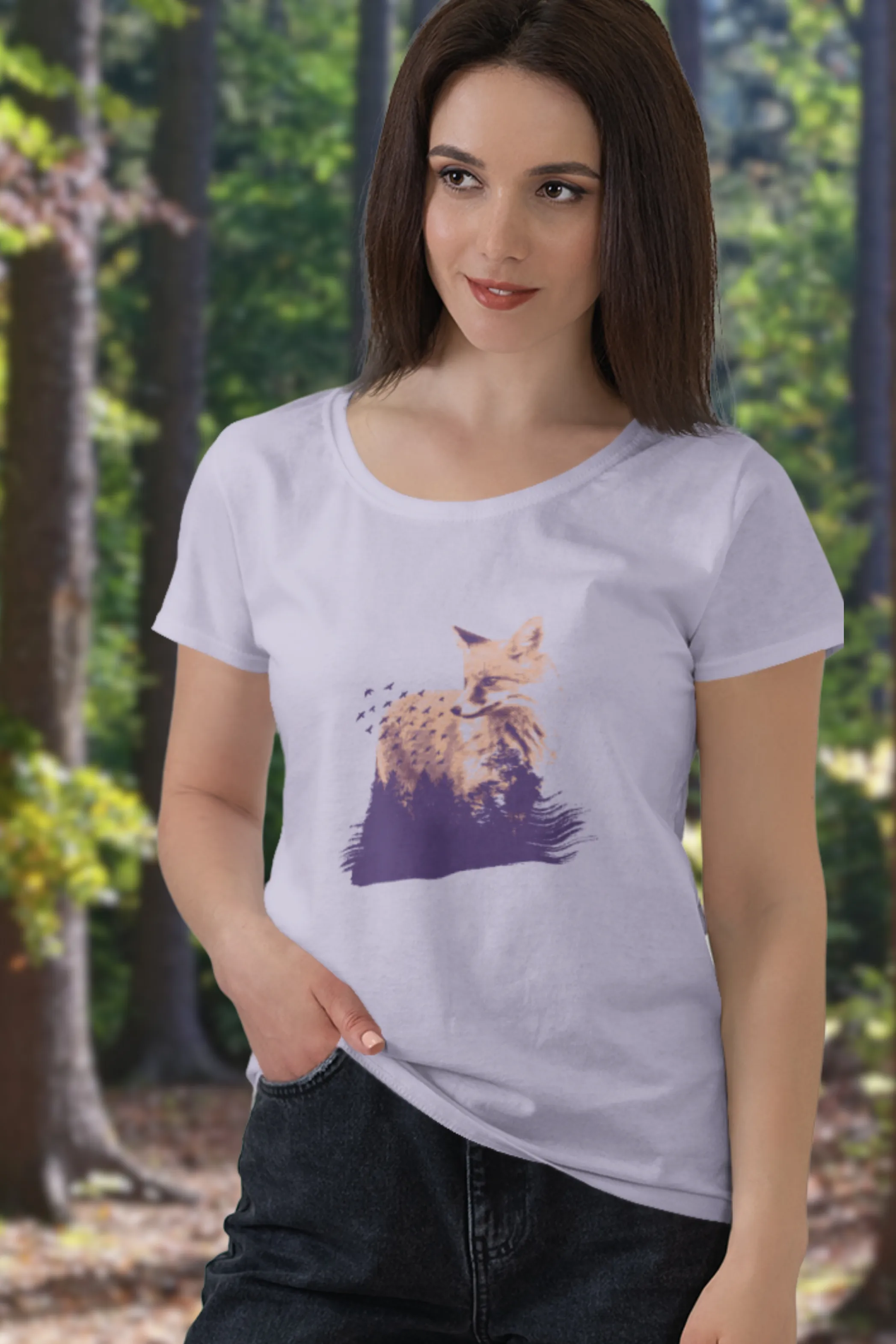 Forest Fox Printed Scoop Neck T-shirt for women
