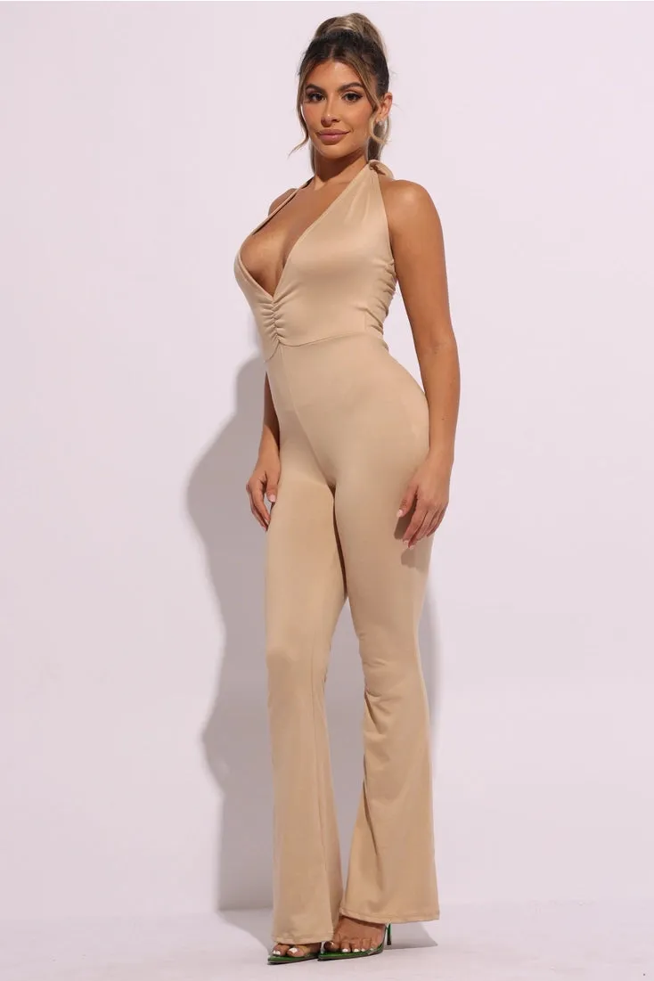 Halter Deep V Neck Flare Jumpsuit