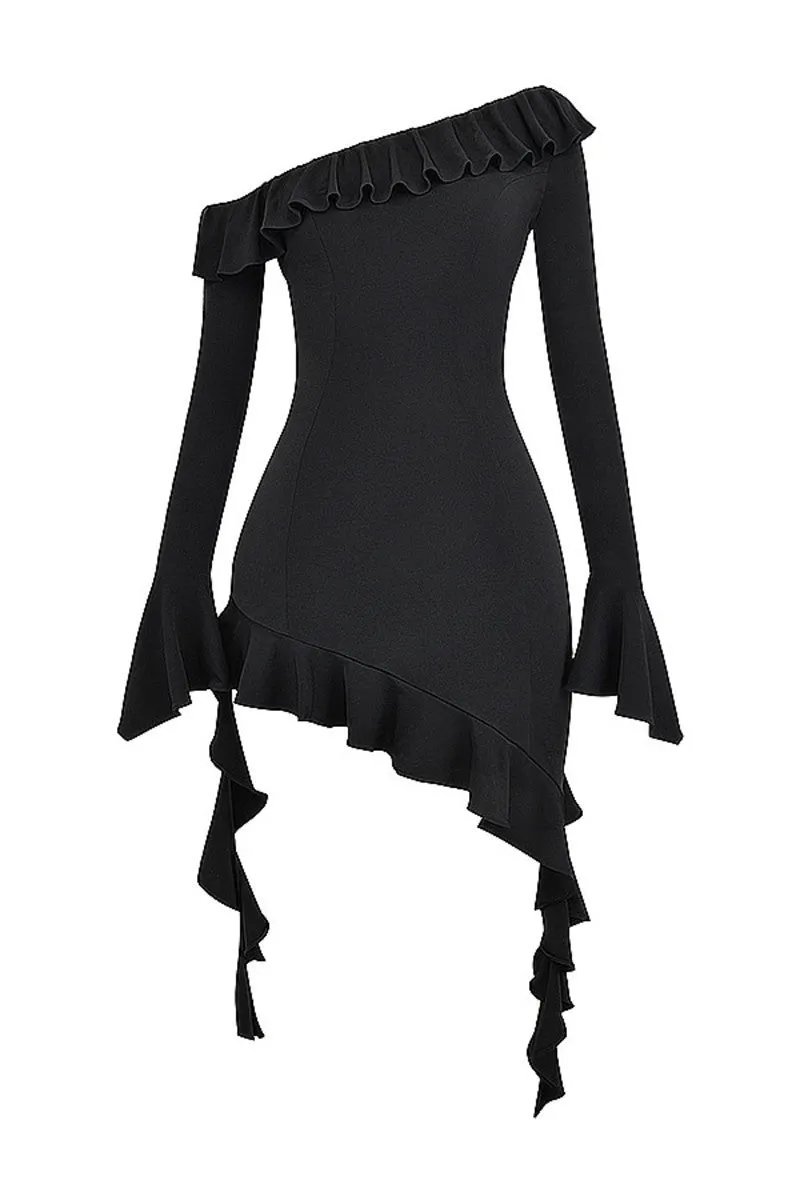 Jasmine Diagonal Collar Ruffled Sexy Mini Dress
