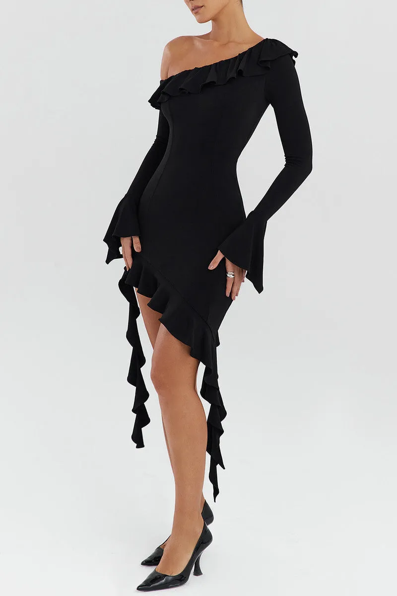 Jasmine Diagonal Collar Ruffled Sexy Mini Dress