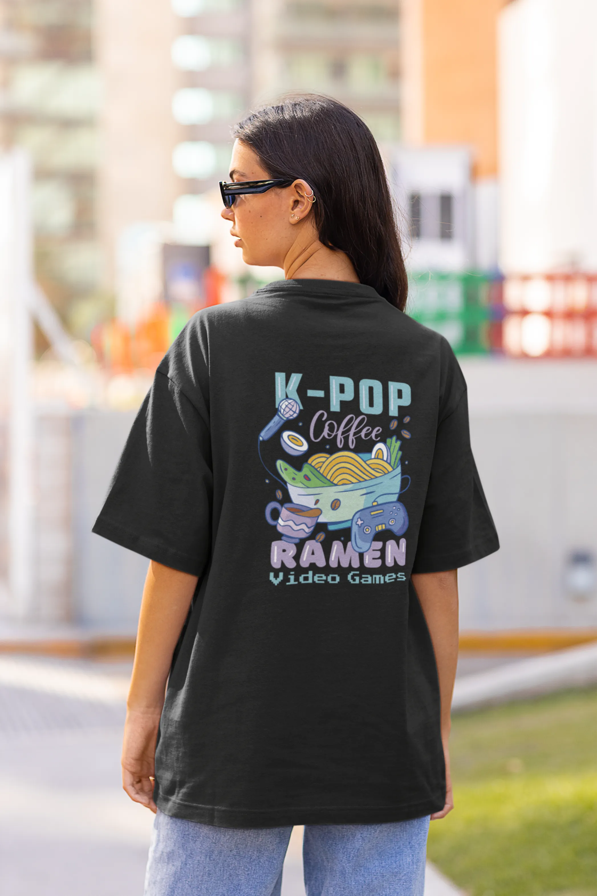 K Pop Ramen Black Printed Oversized T-shirt for women