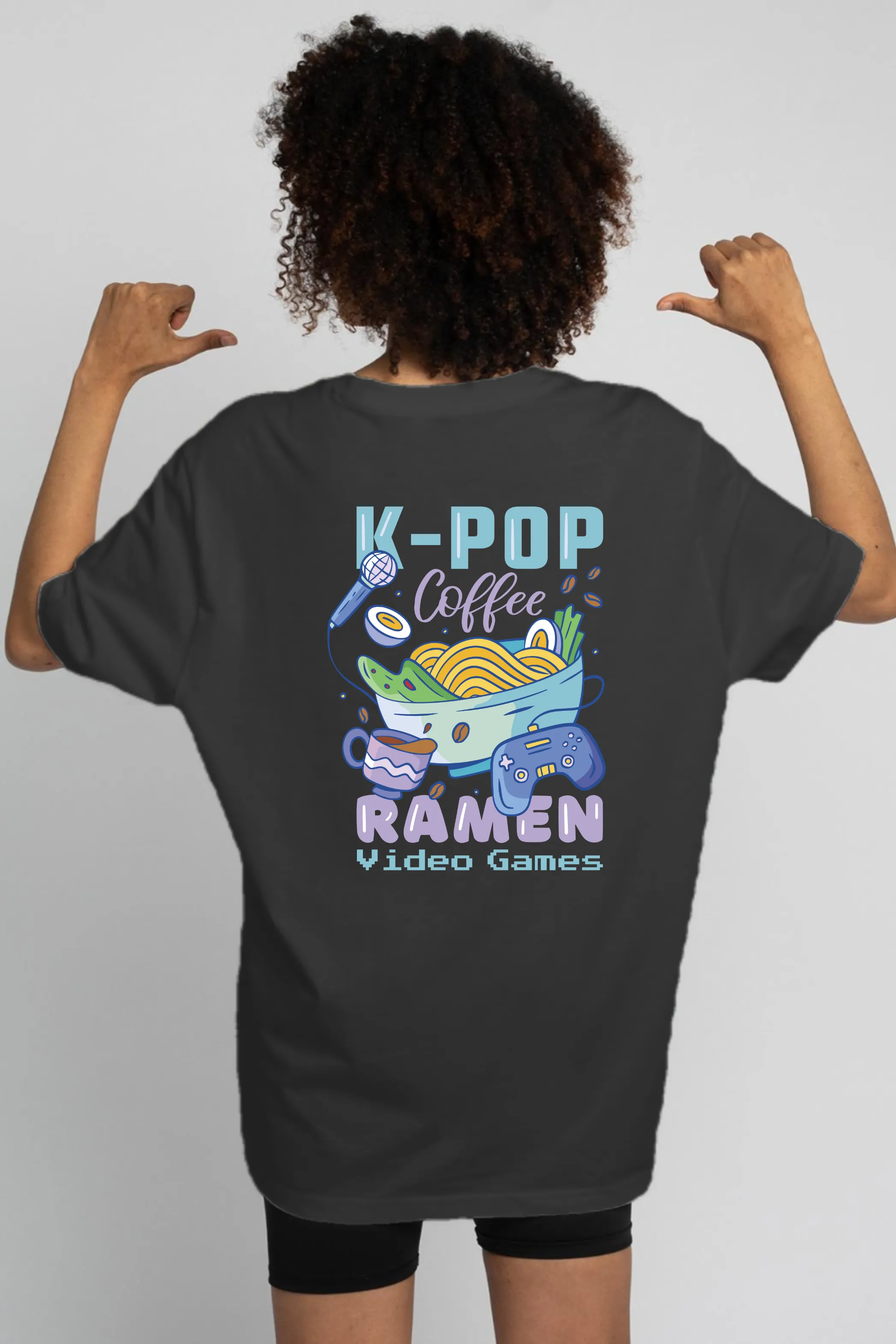 K Pop Ramen Black Printed Oversized T-shirt for women