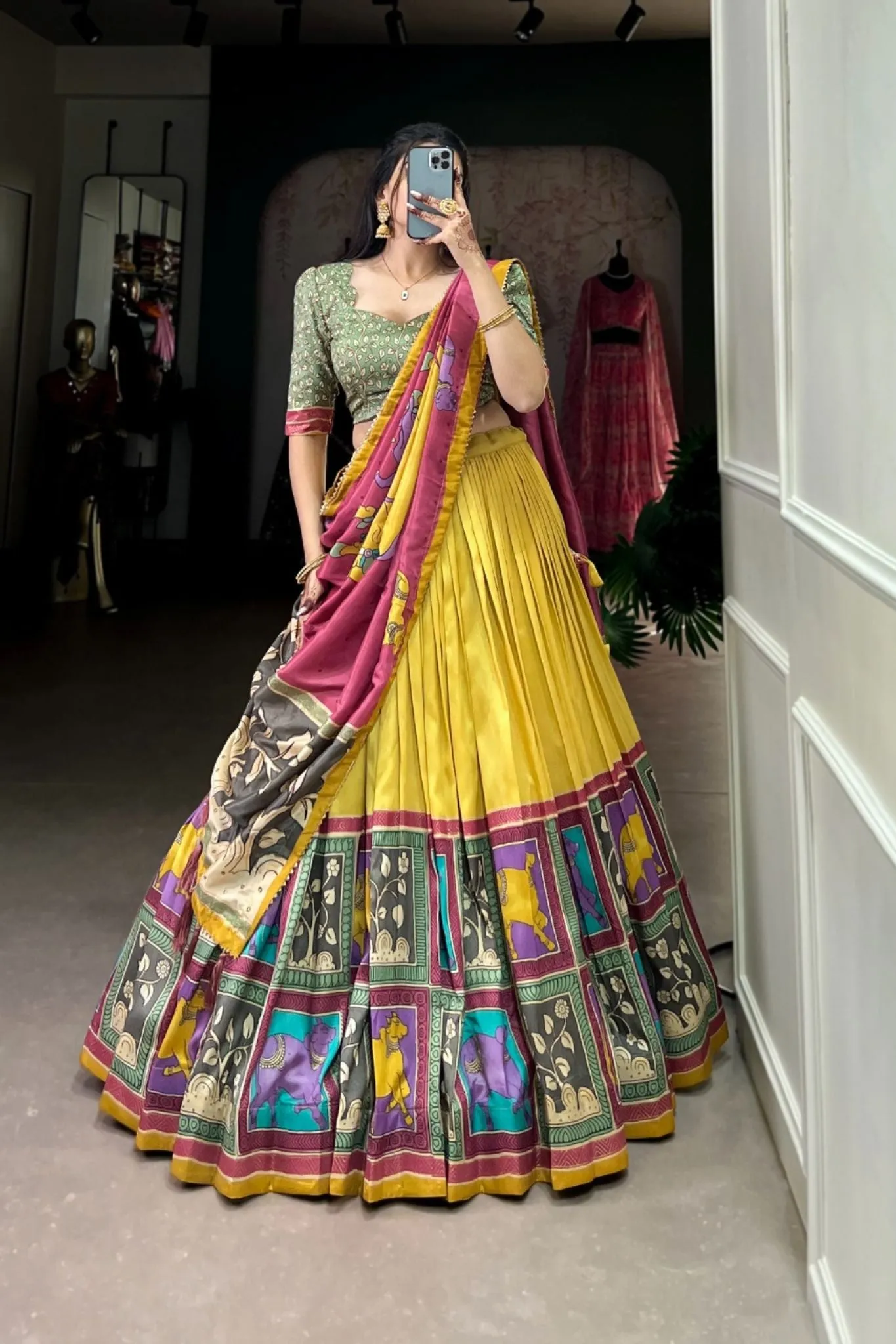 Kalamkari Floral printed South Indian Tradition Lehenga Set