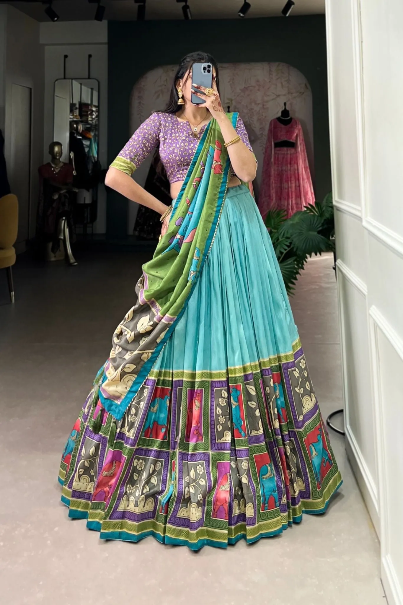 Kalamkari Floral printed South Indian Tradition Lehenga Set