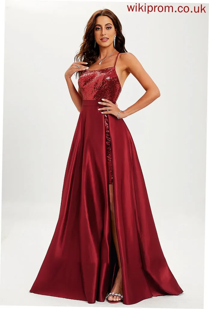 Neck With Scoop Train Ball-Gown/Princess Satin Paisley Sequins Prom Dresses Sweep