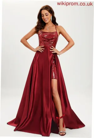 Neck With Scoop Train Ball-Gown/Princess Satin Paisley Sequins Prom Dresses Sweep