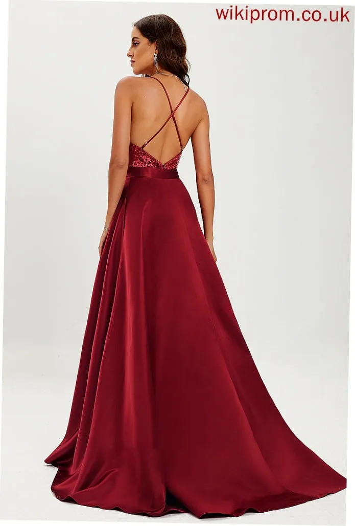 Neck With Scoop Train Ball-Gown/Princess Satin Paisley Sequins Prom Dresses Sweep