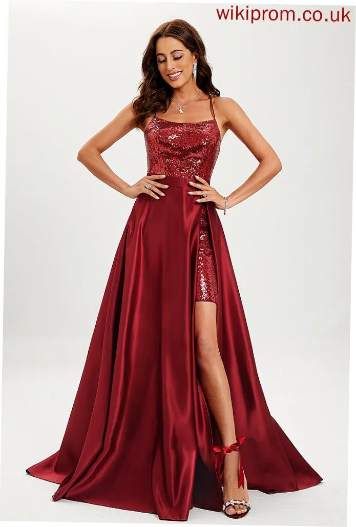 Neck With Scoop Train Ball-Gown/Princess Satin Paisley Sequins Prom Dresses Sweep
