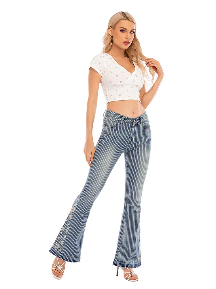 Nvuvu Flared Floral Striped Wide-leg Pants