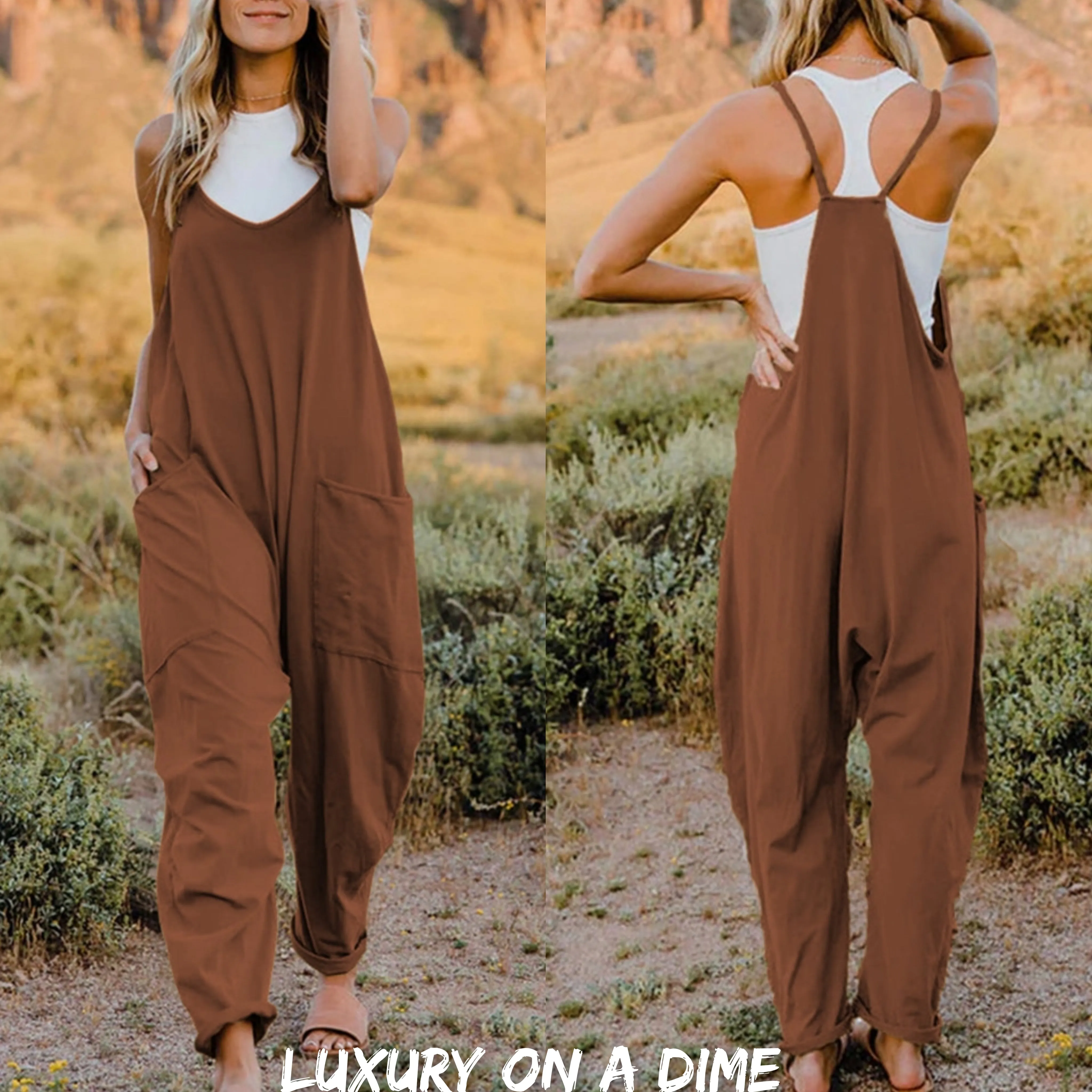 Oversized Hippie V-Neck Sleeveless Wide Leg Pant Pocket Jumpsuit Bohemian Outfit