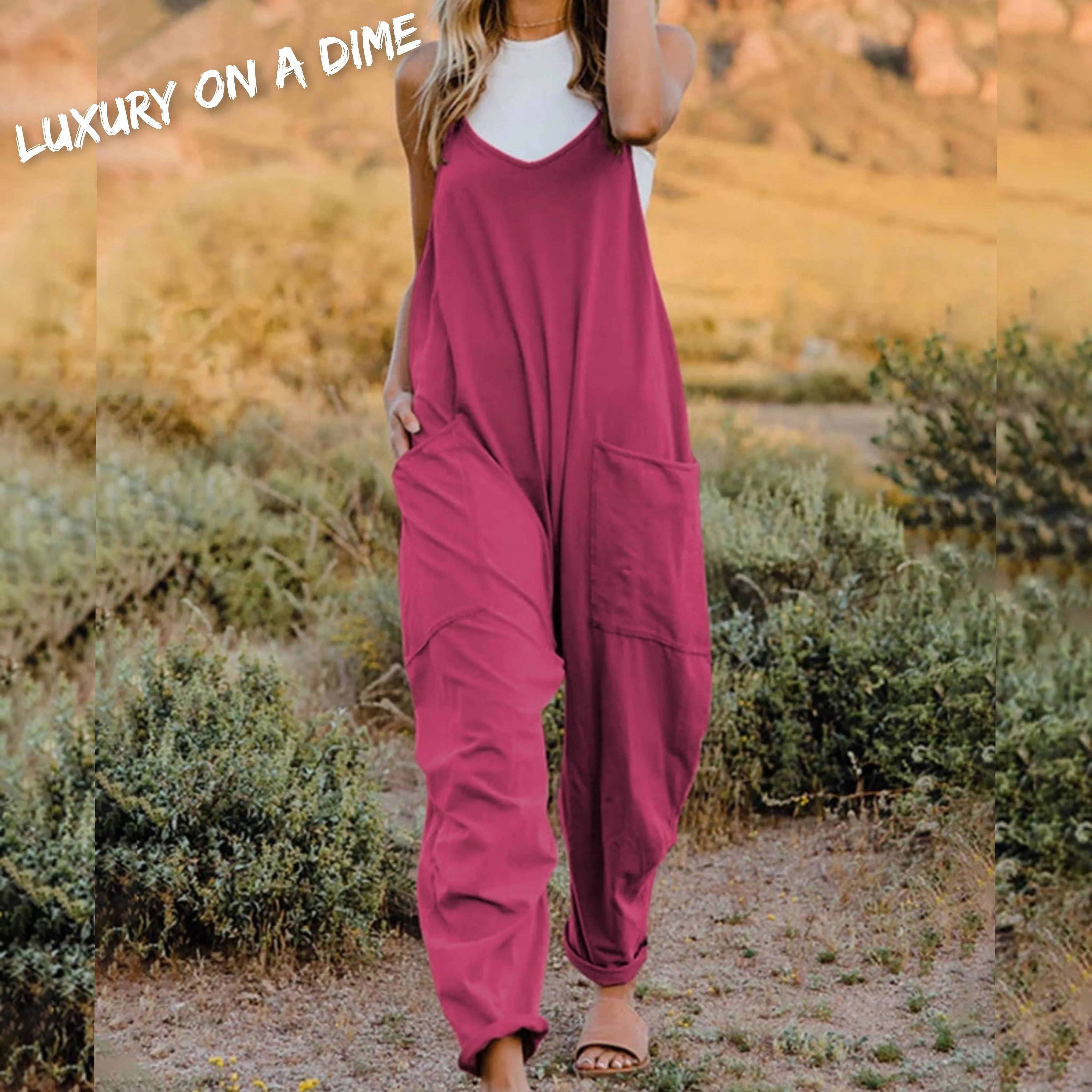 Oversized Hippie V-Neck Sleeveless Wide Leg Pant Pocket Jumpsuit Bohemian Outfit