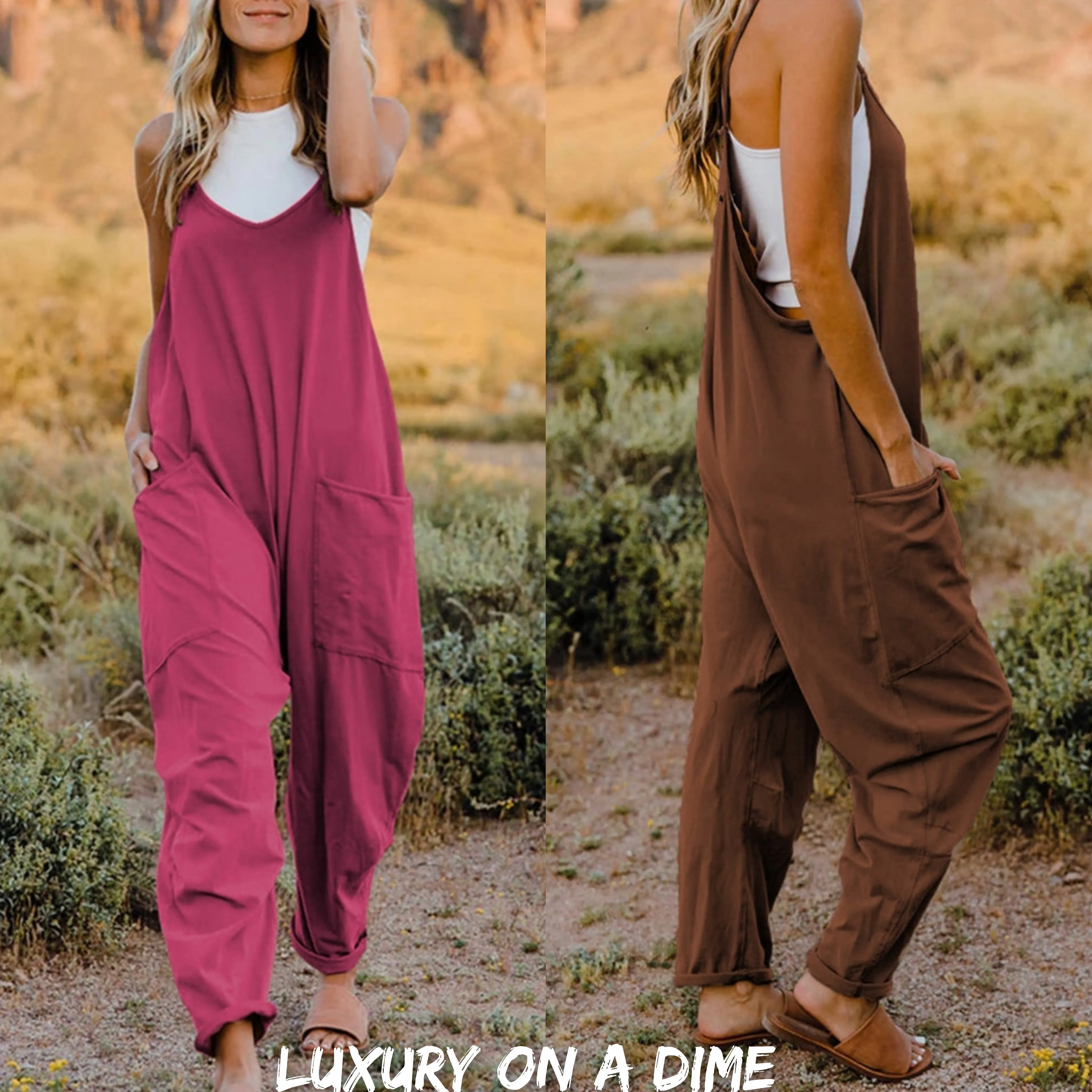 Oversized Hippie V-Neck Sleeveless Wide Leg Pant Pocket Jumpsuit Bohemian Outfit