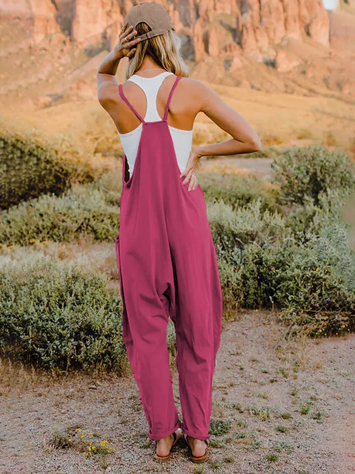 Oversized Hippie V-Neck Sleeveless Wide Leg Pant Pocket Jumpsuit Bohemian Outfit