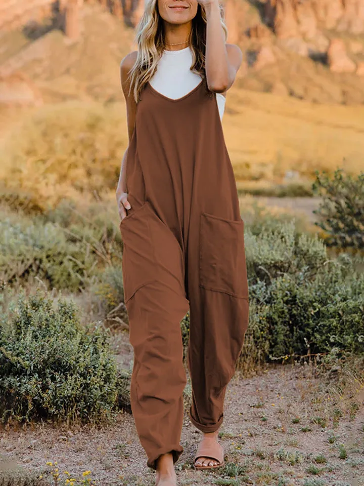 Oversized Hippie V-Neck Sleeveless Wide Leg Pant Pocket Jumpsuit Bohemian Outfit