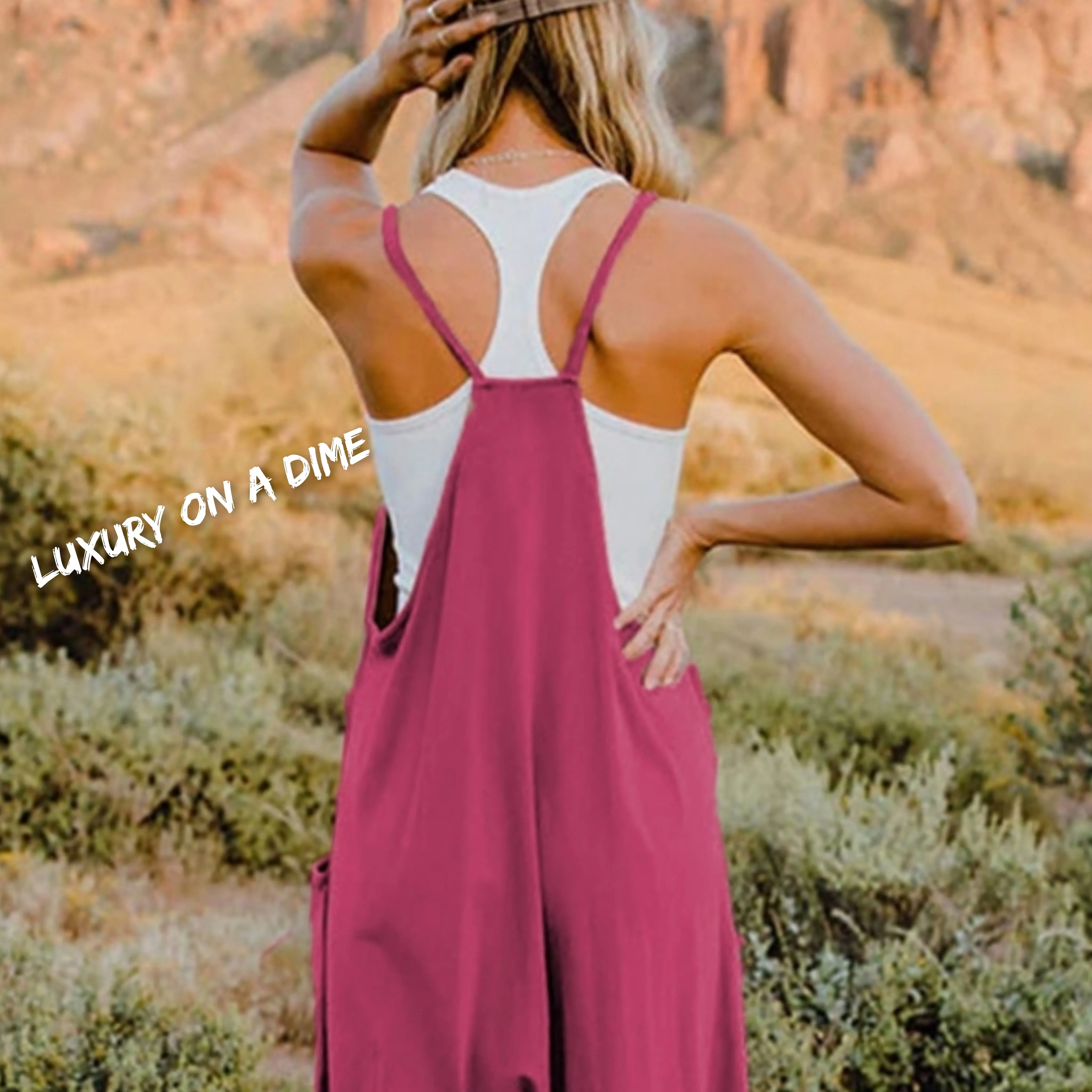 Oversized Hippie V-Neck Sleeveless Wide Leg Pant Pocket Jumpsuit Bohemian Outfit