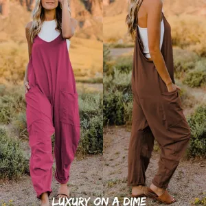 Oversized Hippie V-Neck Sleeveless Wide Leg Pant Pocket Jumpsuit Bohemian Outfit