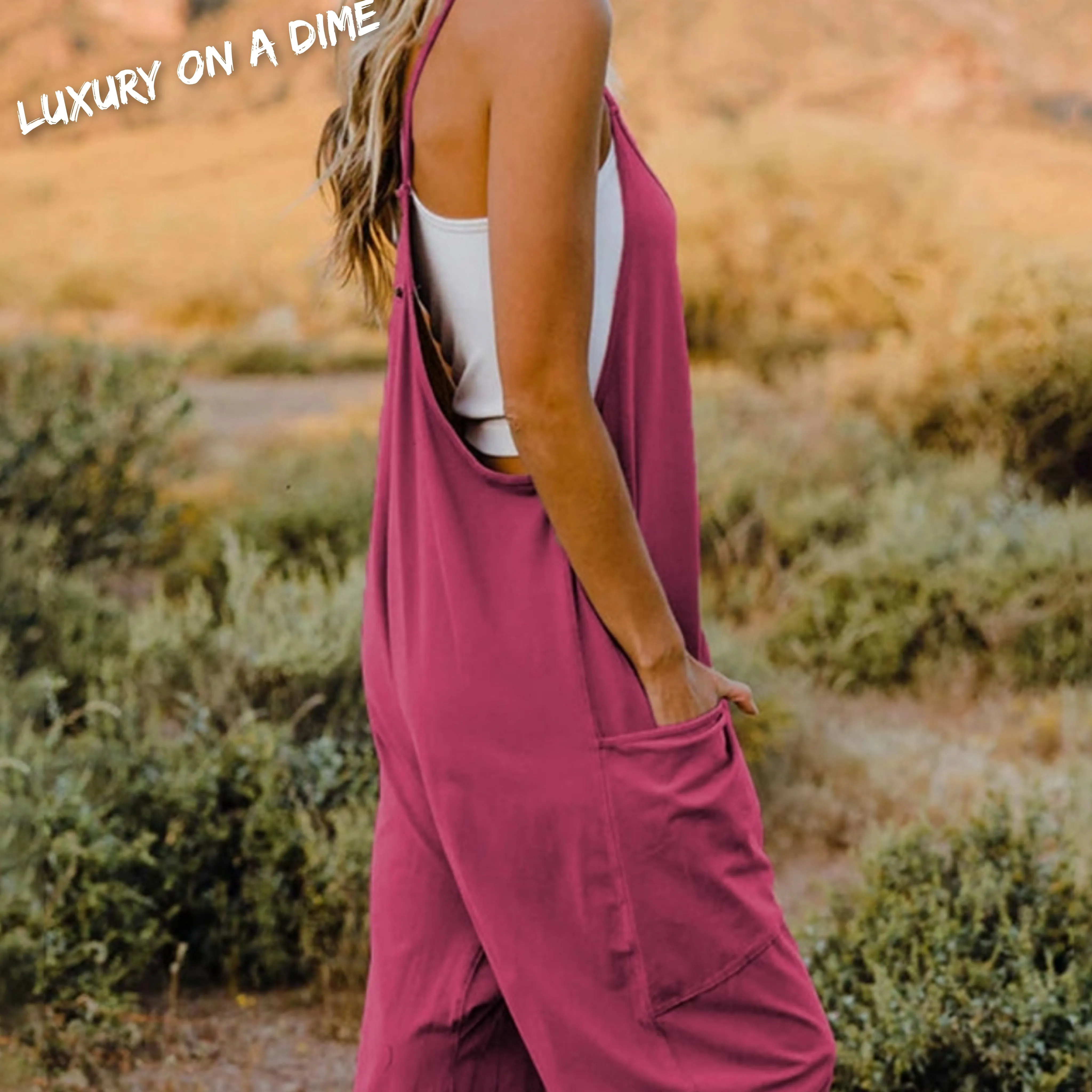 Oversized Hippie V-Neck Sleeveless Wide Leg Pant Pocket Jumpsuit Bohemian Outfit