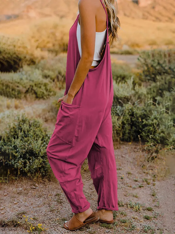 Oversized Hippie V-Neck Sleeveless Wide Leg Pant Pocket Jumpsuit Bohemian Outfit