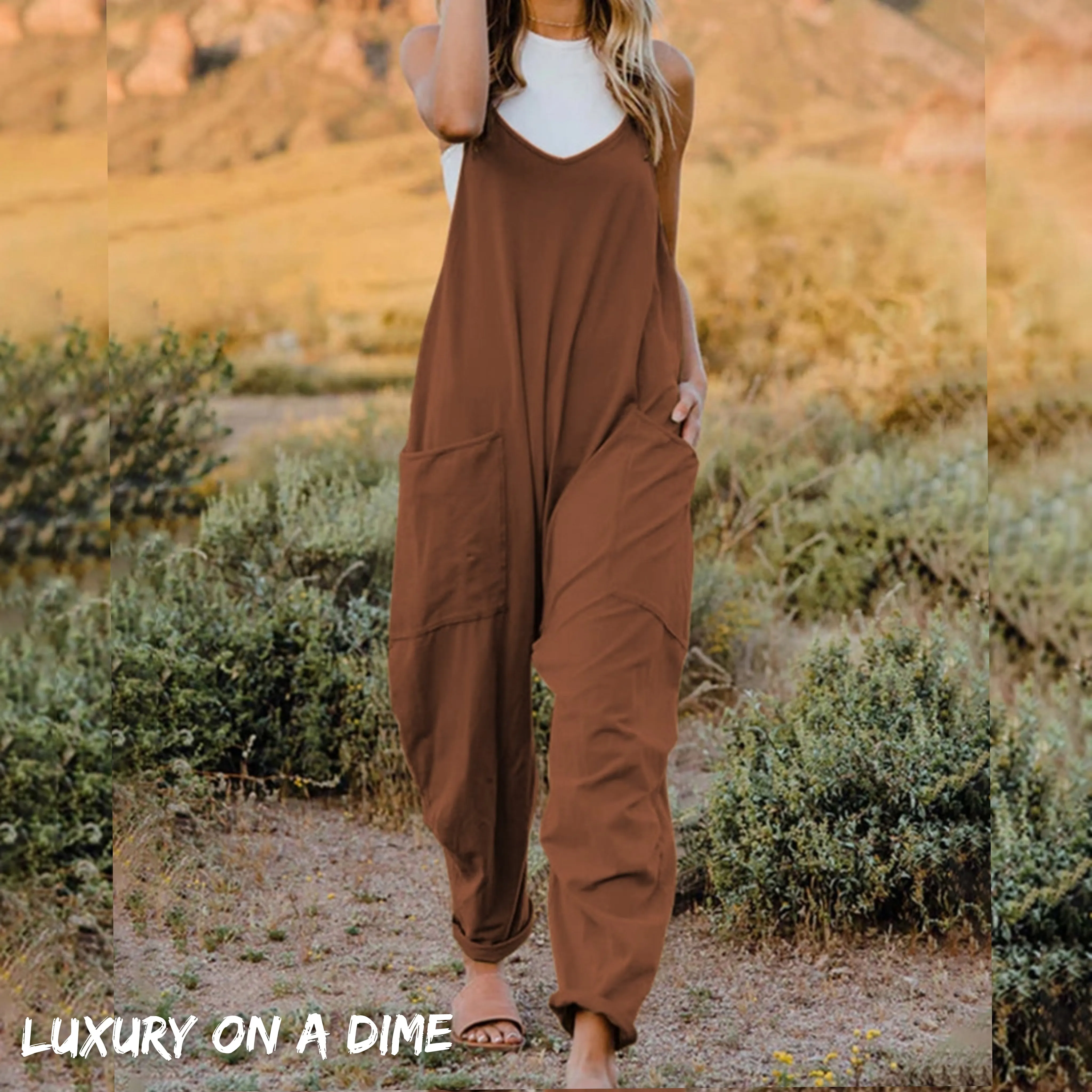 Oversized Hippie V-Neck Sleeveless Wide Leg Pant Pocket Jumpsuit Bohemian Outfit