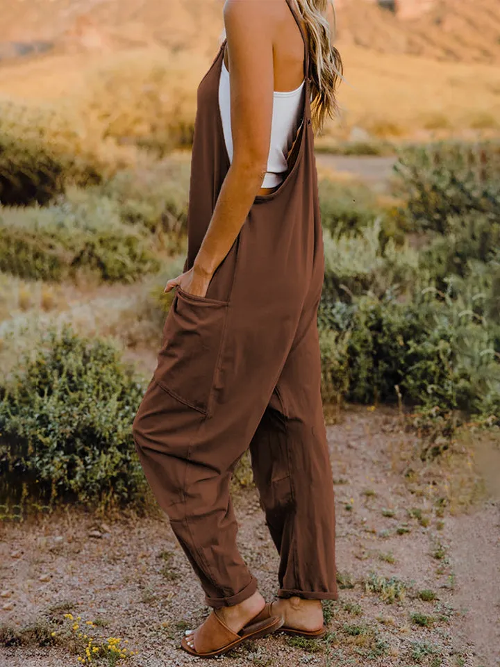 Oversized Hippie V-Neck Sleeveless Wide Leg Pant Pocket Jumpsuit Bohemian Outfit