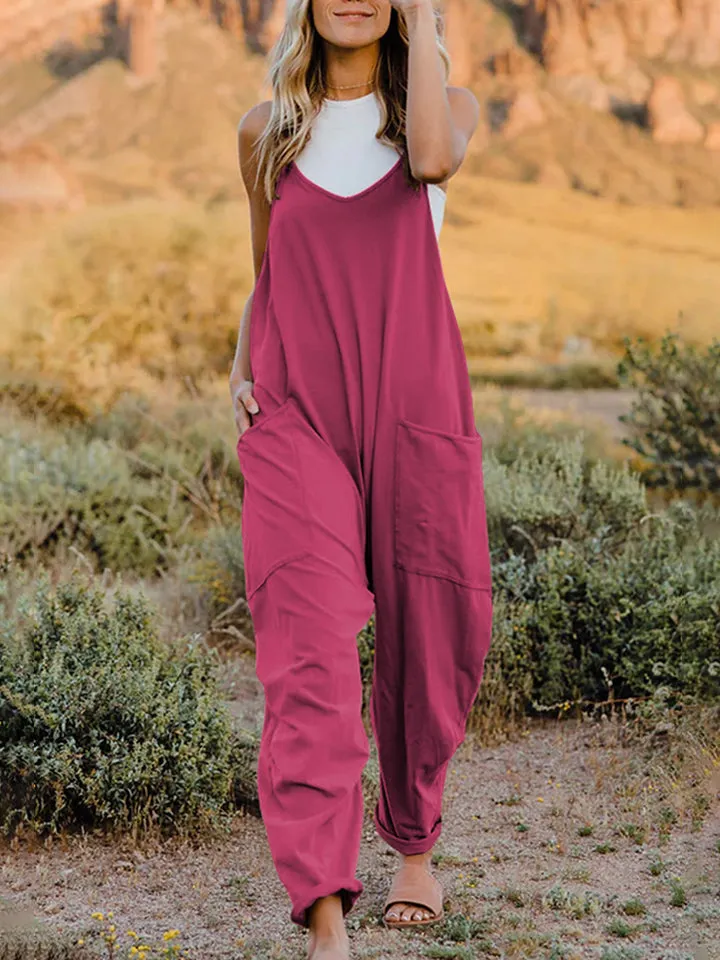 Oversized Hippie V-Neck Sleeveless Wide Leg Pant Pocket Jumpsuit Bohemian Outfit