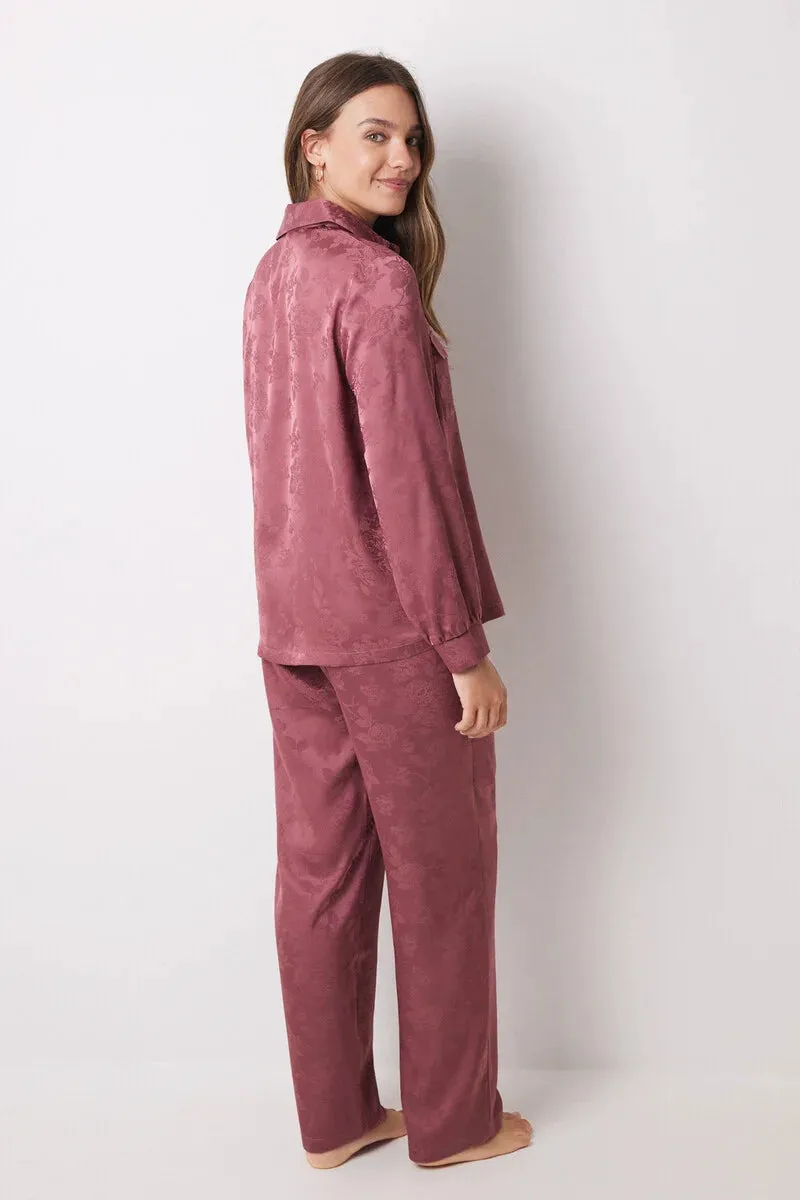Pink satin jaquard shirt pajamas