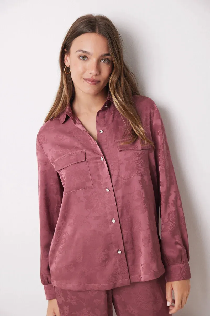 Pink satin jaquard shirt pajamas