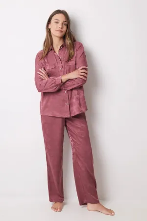 Pink satin jaquard shirt pajamas