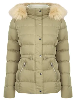 Pisa Quilted Puffer Jacket With Faux Fur Hood In Mermaid Khaki - Tokyo Laundry