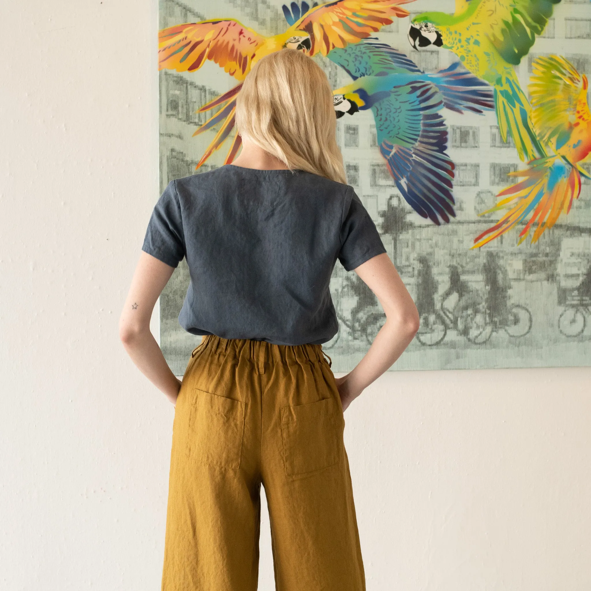 R: ORLEANS pleated front wide leg linen pants (Size: XS; Color: Dark-Grey-Blue)
